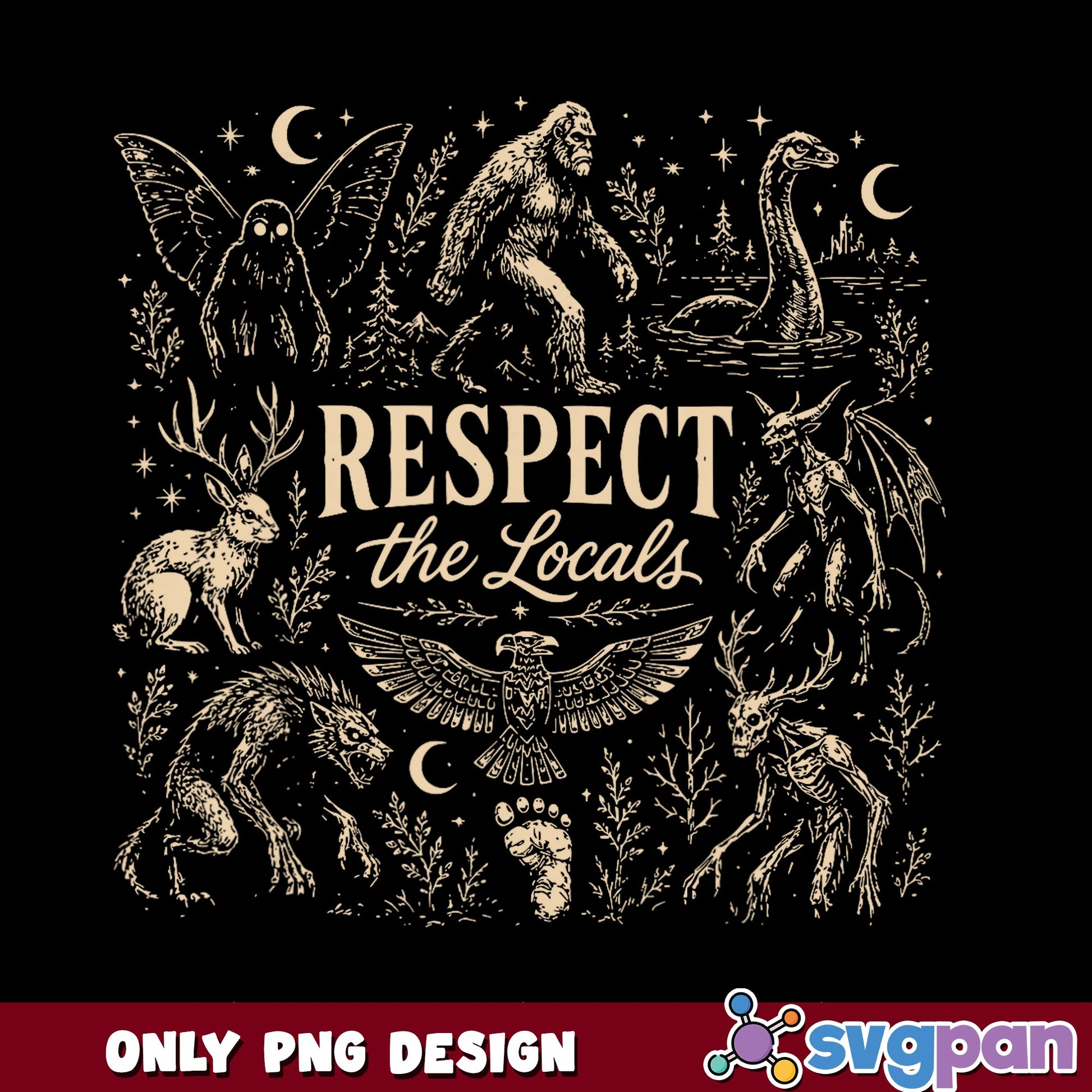 Respect The Locals Cryptid PNG, Bigfoot Mothman PNG, Vintage Monster PNG