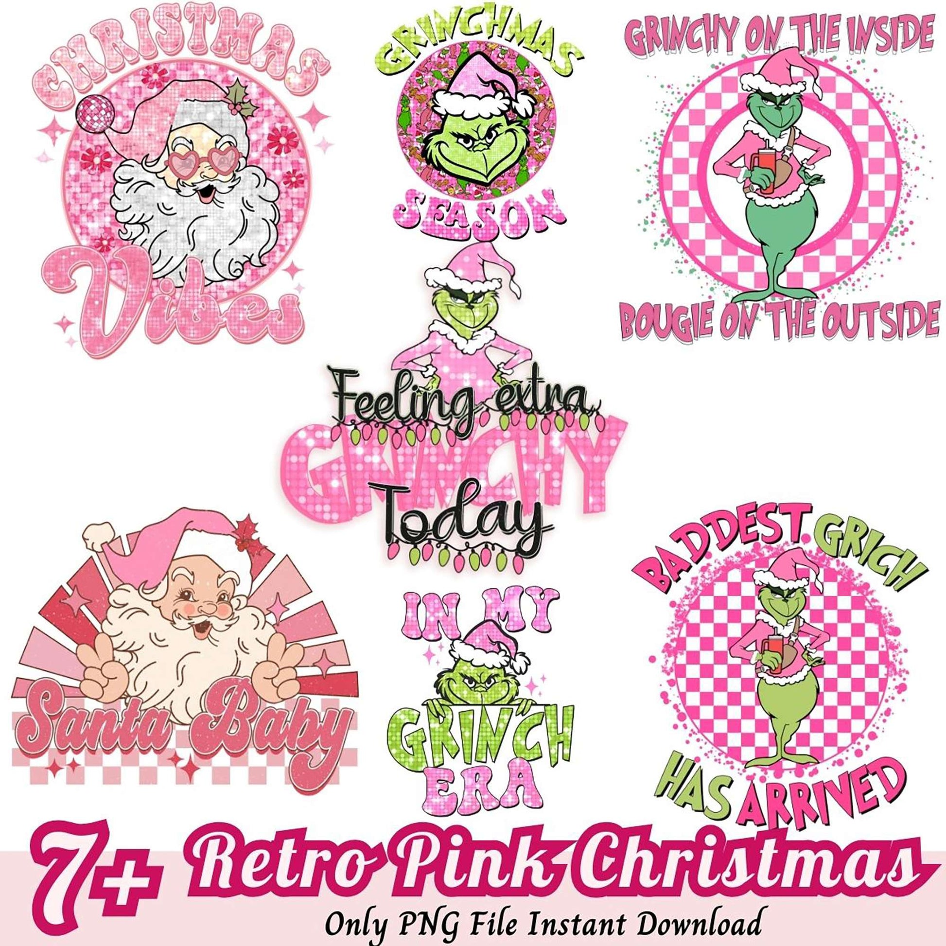 Retro Pink Grinch & Santa PNG Bundle