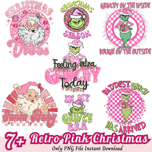 Retro Pink Grinch & Santa PNG Bundle