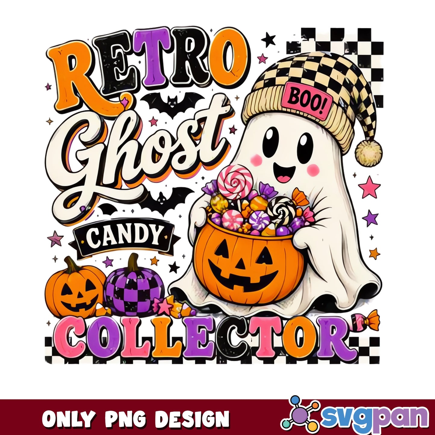 Retro Ghost Candy Collector PNG, Halloween Ghost PNG, Boo PNG