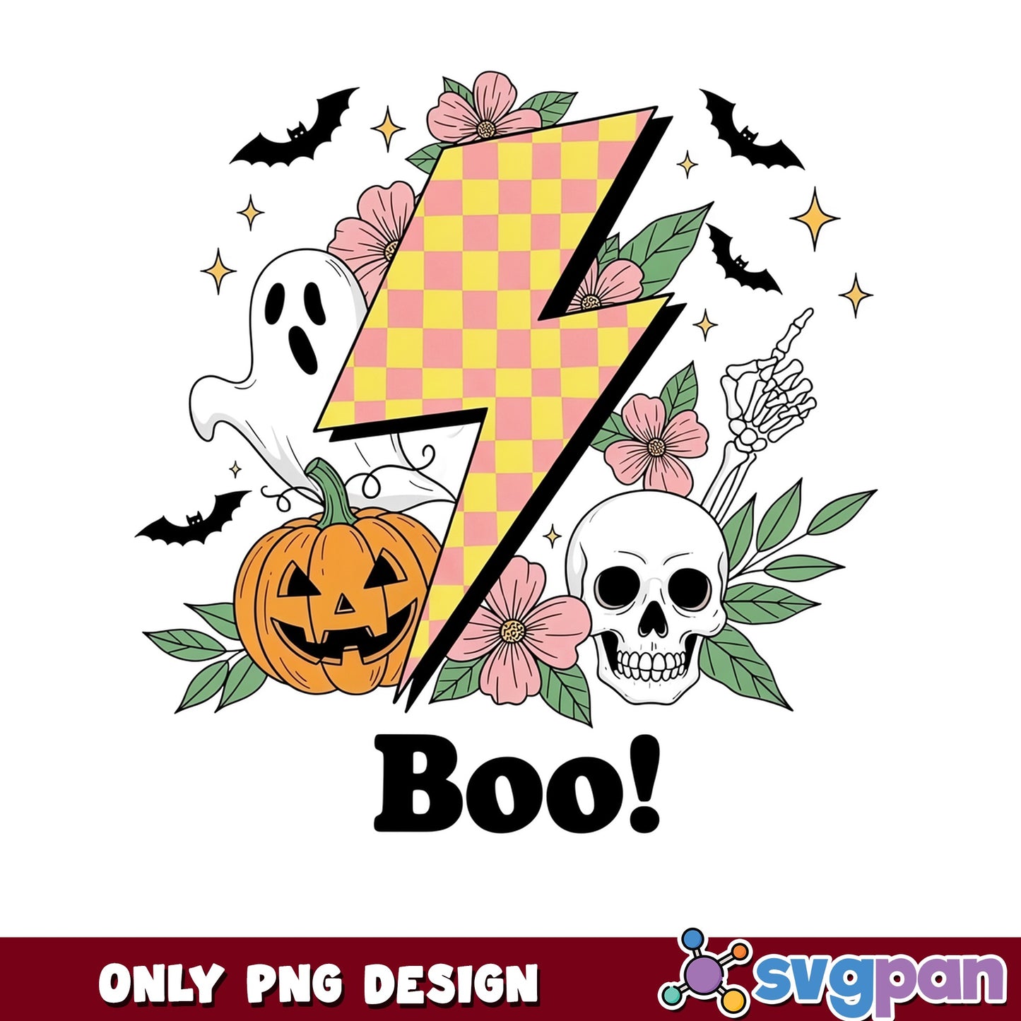 Retro Halloween Boo Lightning Bolt PNG, Floral Ghost PNG, Skull PNG