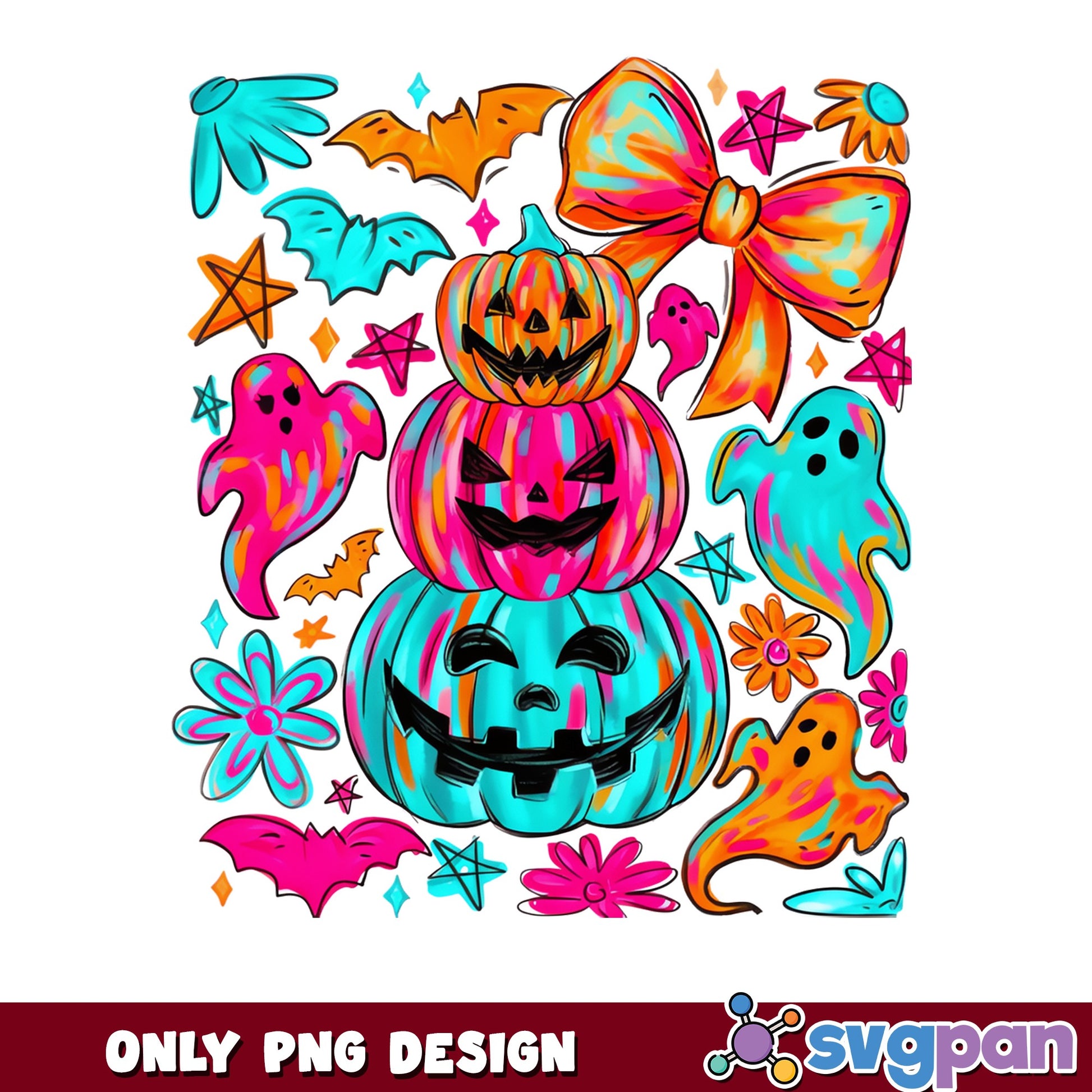 Retro Halloween Pumpkin Stack PNG, Coquette Ghost Bow PNG, Spooky PNG