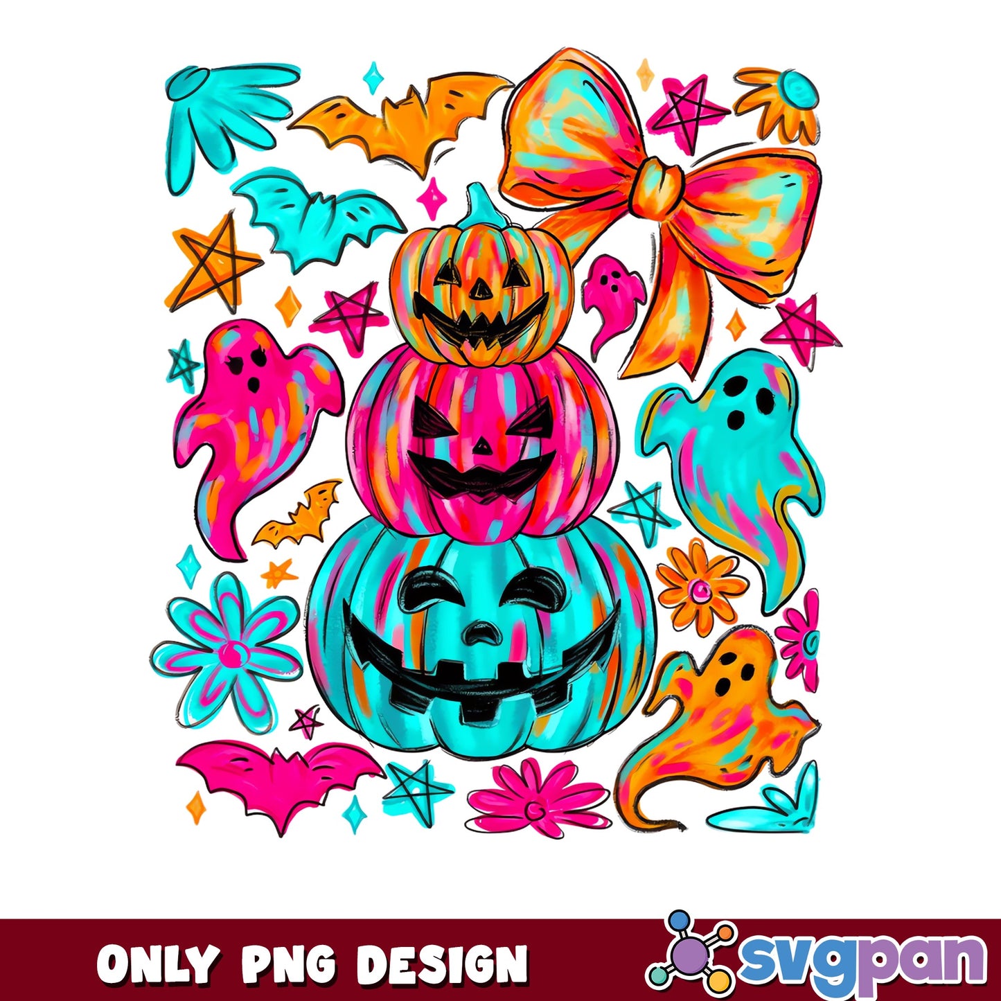 Retro Halloween Pumpkin Stack PNG, Groovy Ghost Bow PNG, Halloween PNG