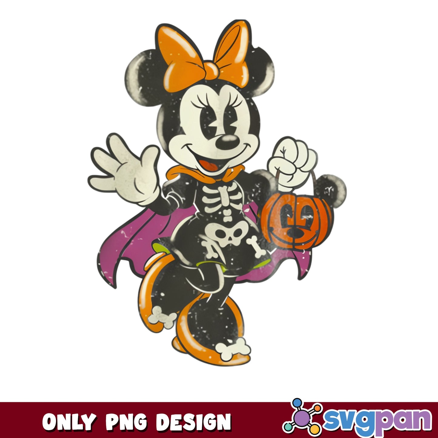 Retro Minnie Mouse Halloween PNG, Skeleton Pumpkin PNG, Disney PNG