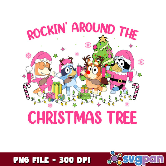 Rockin around the christmas tree design png, christmas​ lights png, bluey christmas png