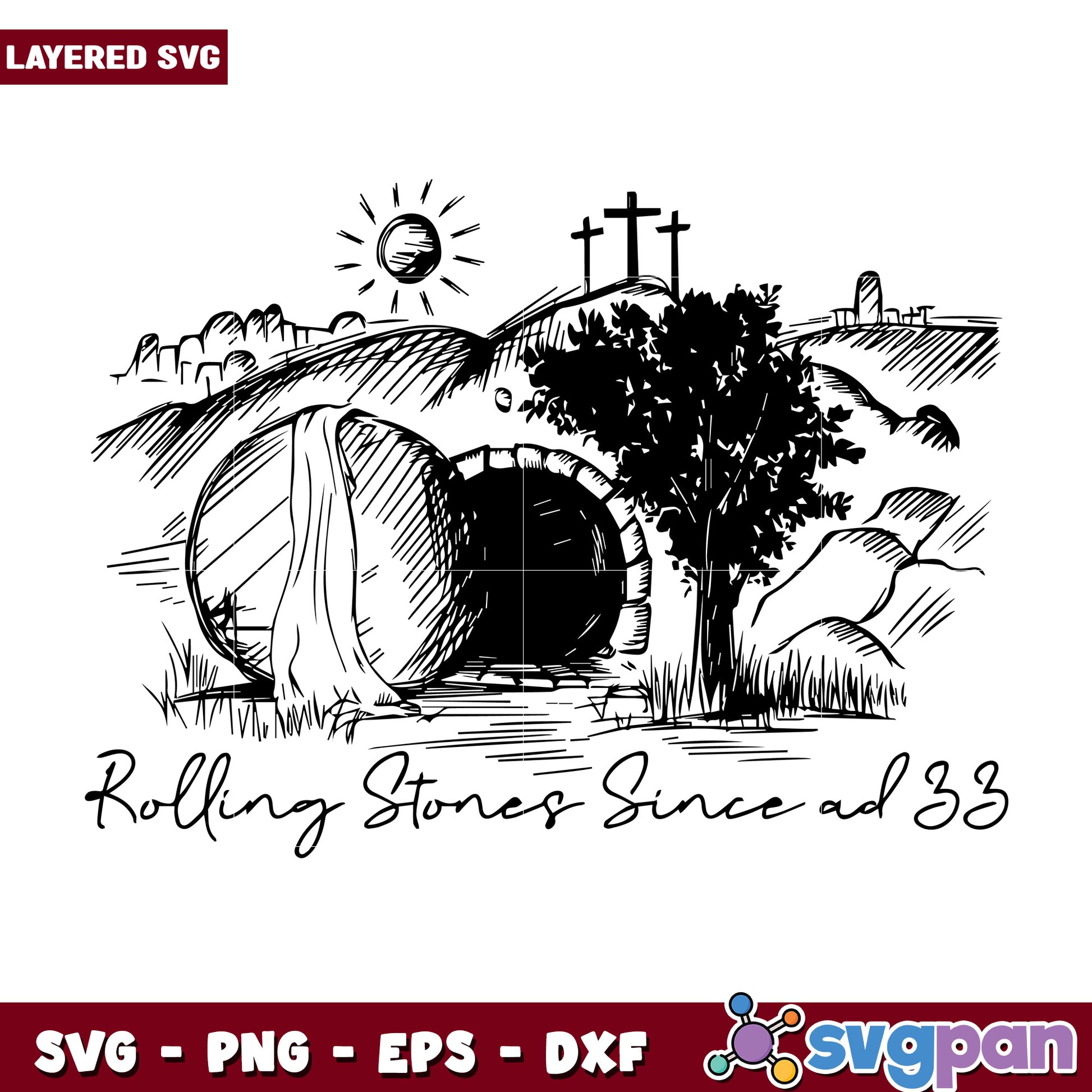 Rolling stone since ad 33 design svg, rolling stones svg, he is risen svg