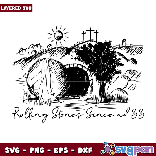 Rolling stone since ad 33 design svg, rolling stones svg, he is risen svg