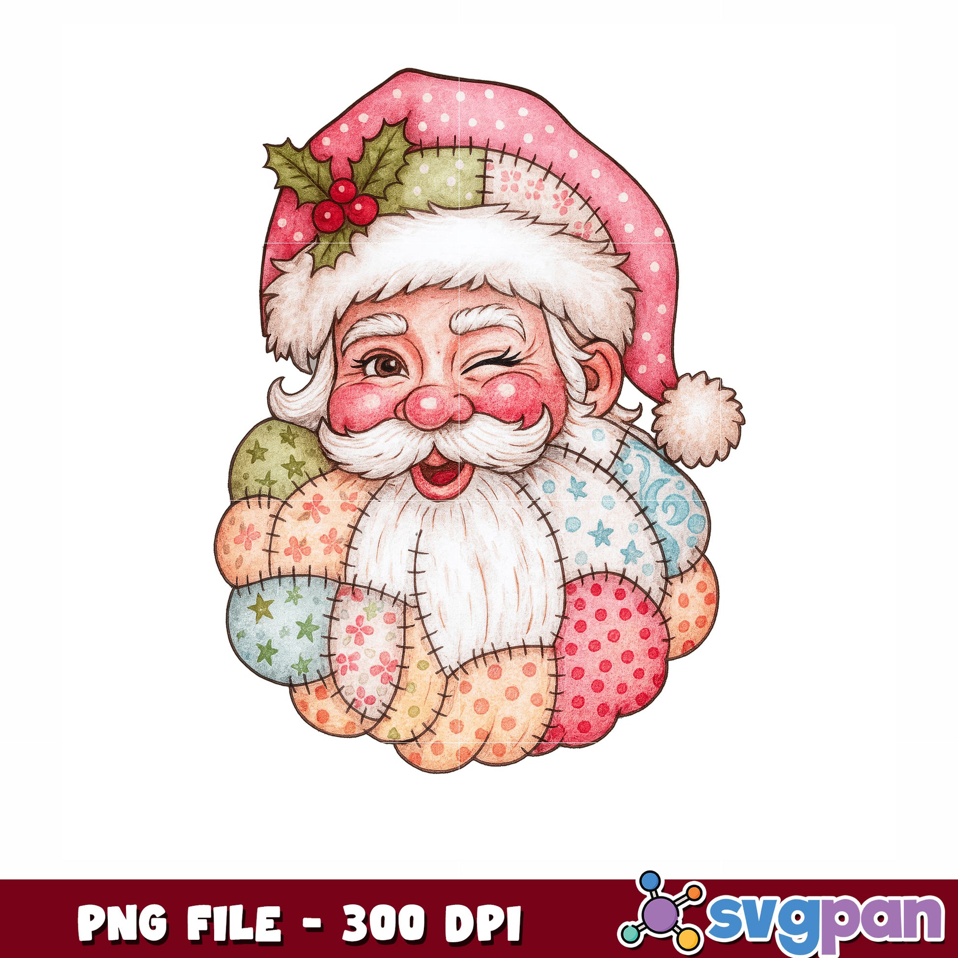 Santa Claus face patched fabric png, christmnas tree png, christmas season png