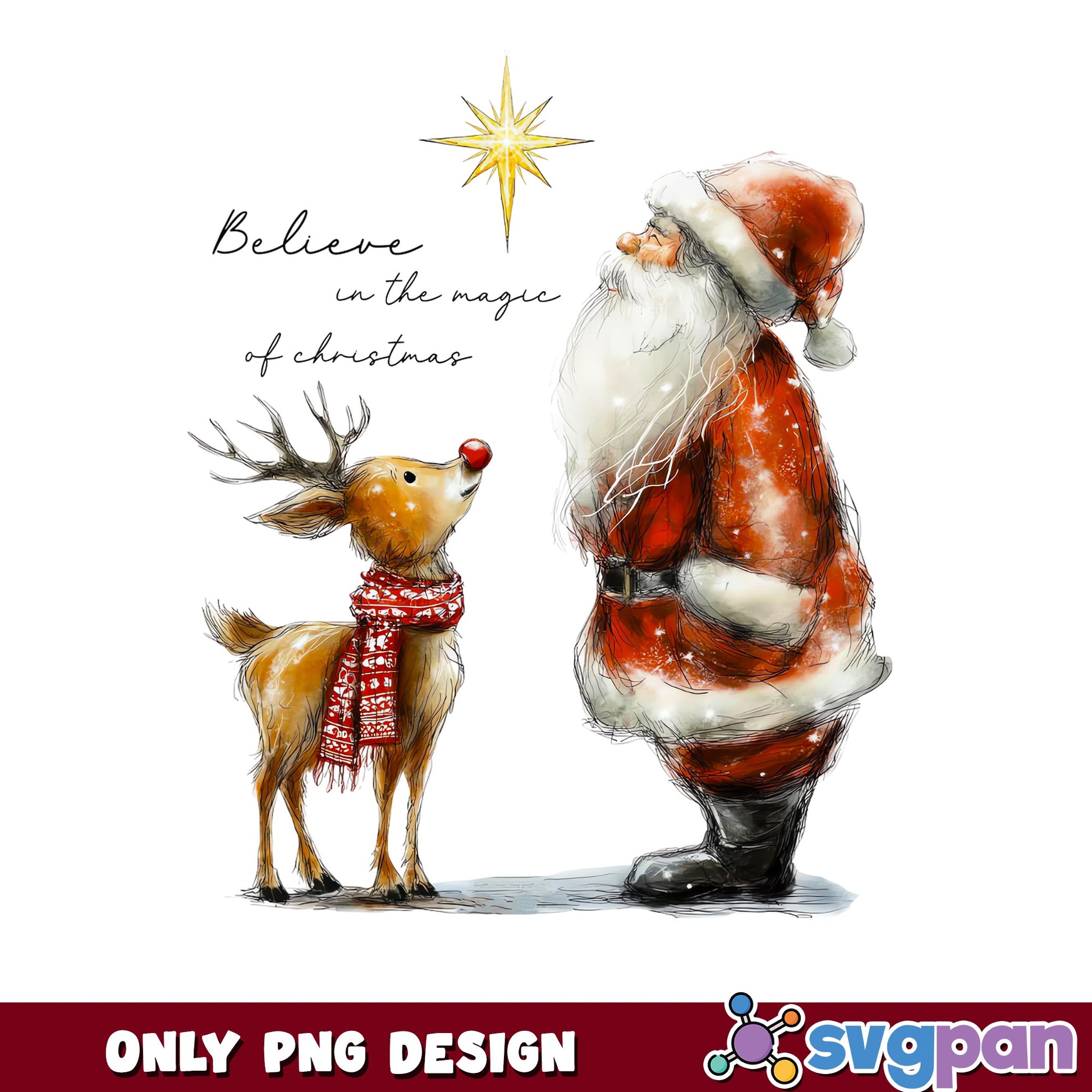Santa And Reindeer Christmas PNG, Believe In Magic PNG, Holiday PNG