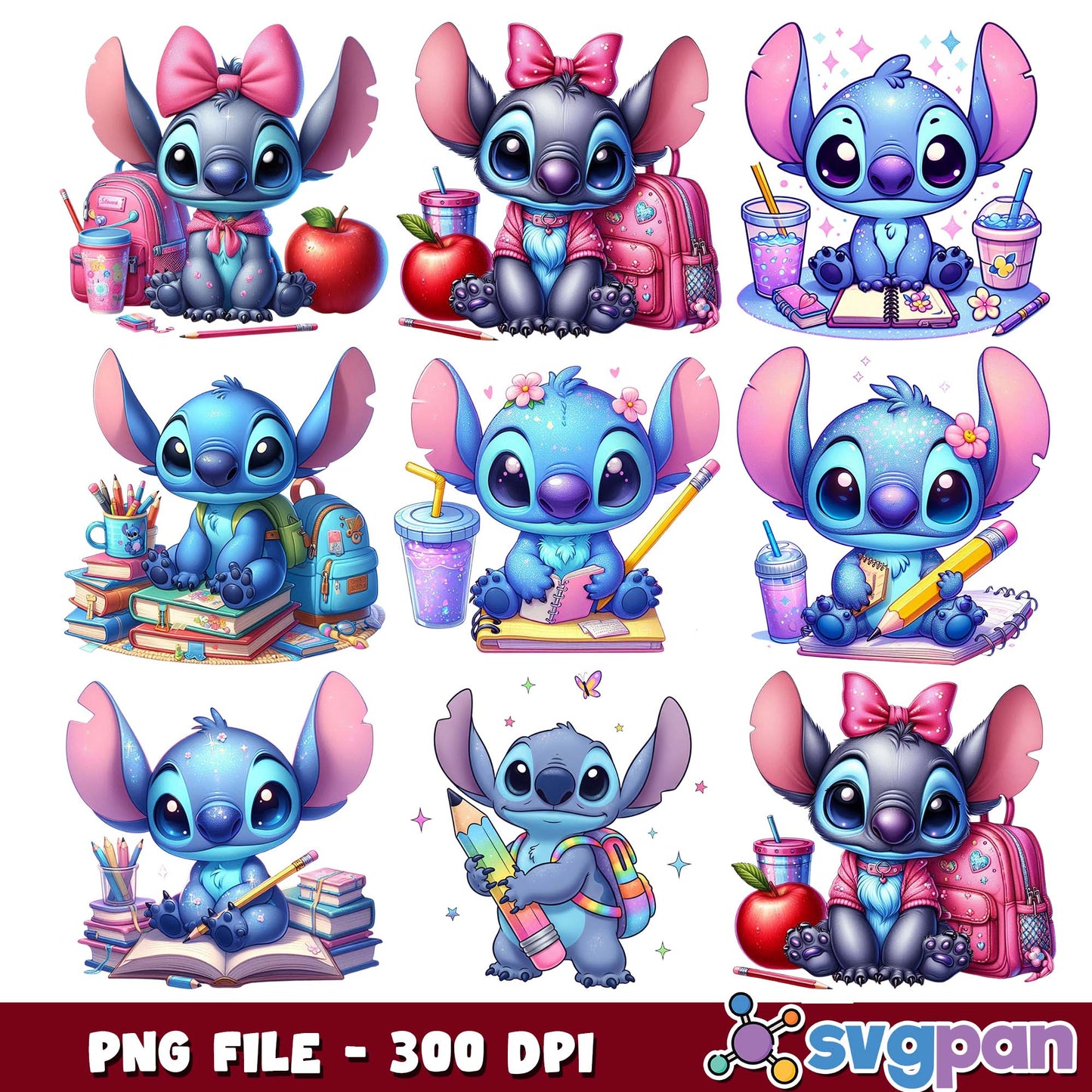School time stitch png bundle