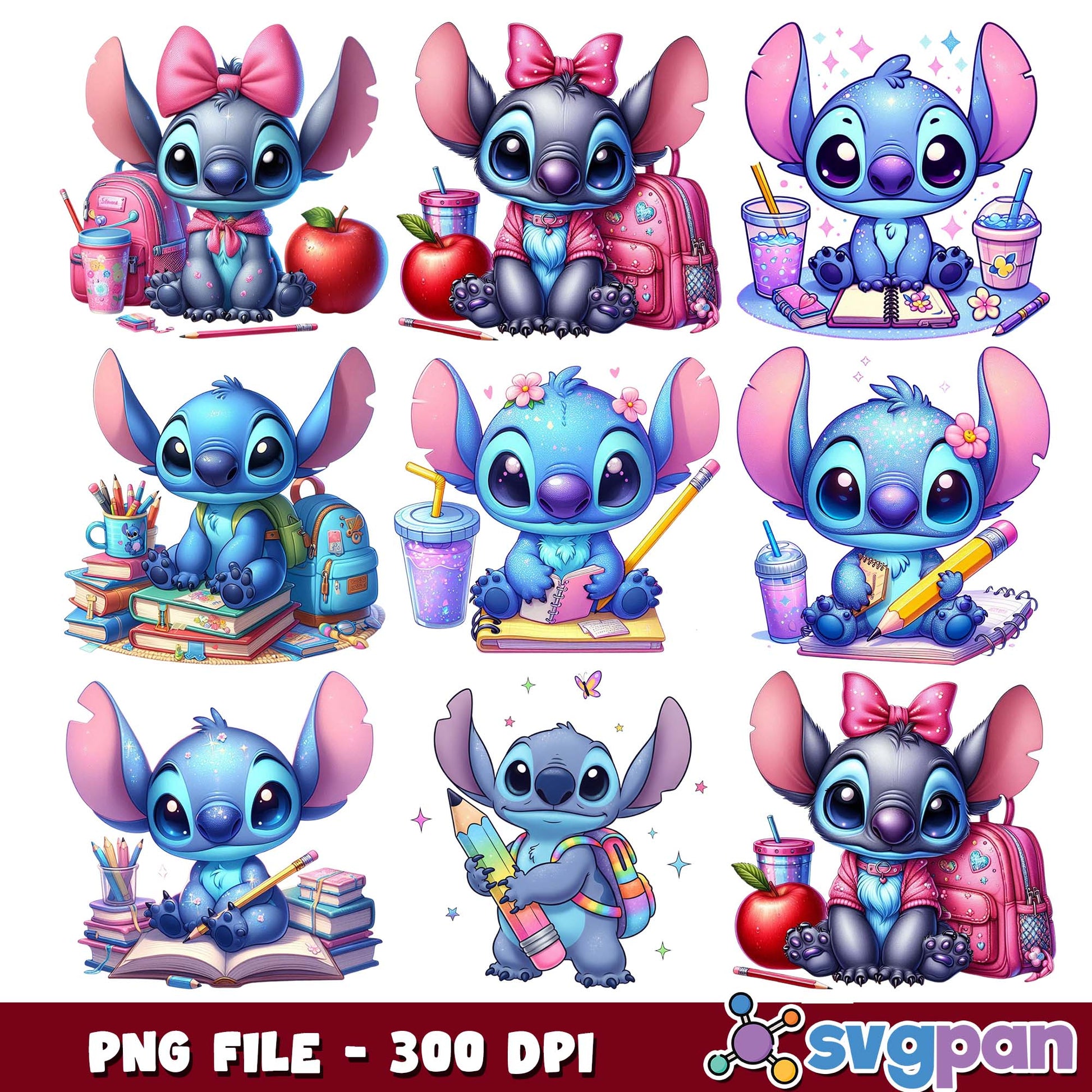 School time stitch png bundle