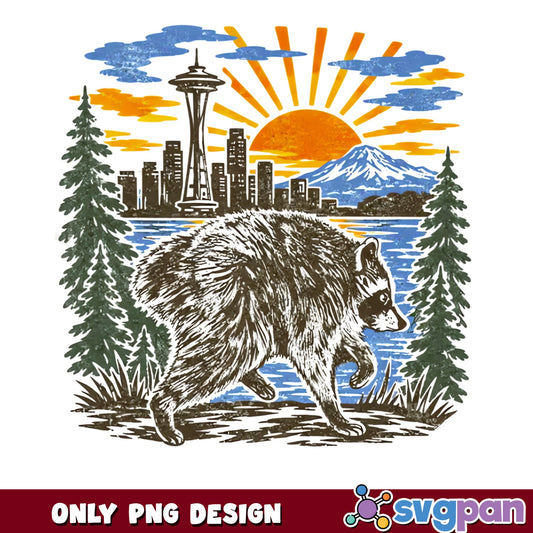Seattle Raccoon PNG, Space Needle Skyline PNG, Vintage Nature PNG