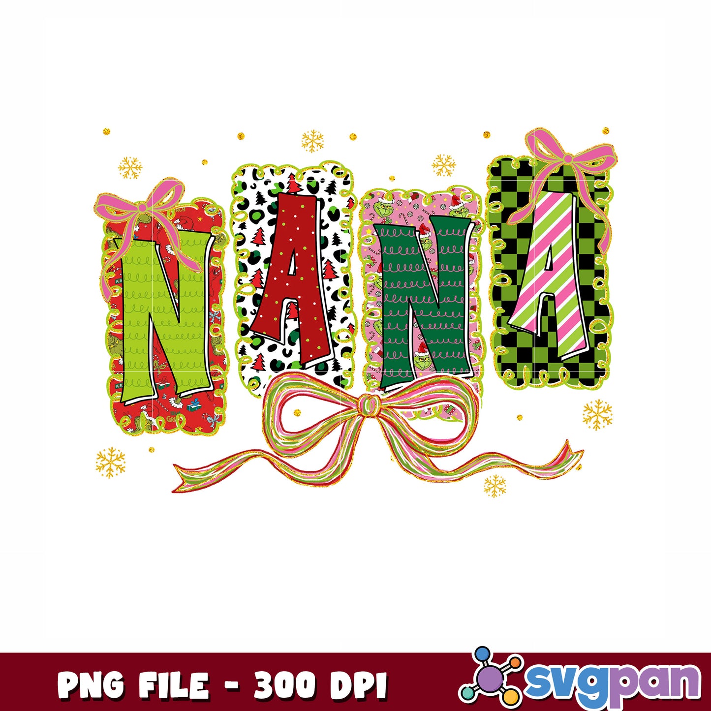 Set nana Grinch png, christmnas toys png, christmas bow png