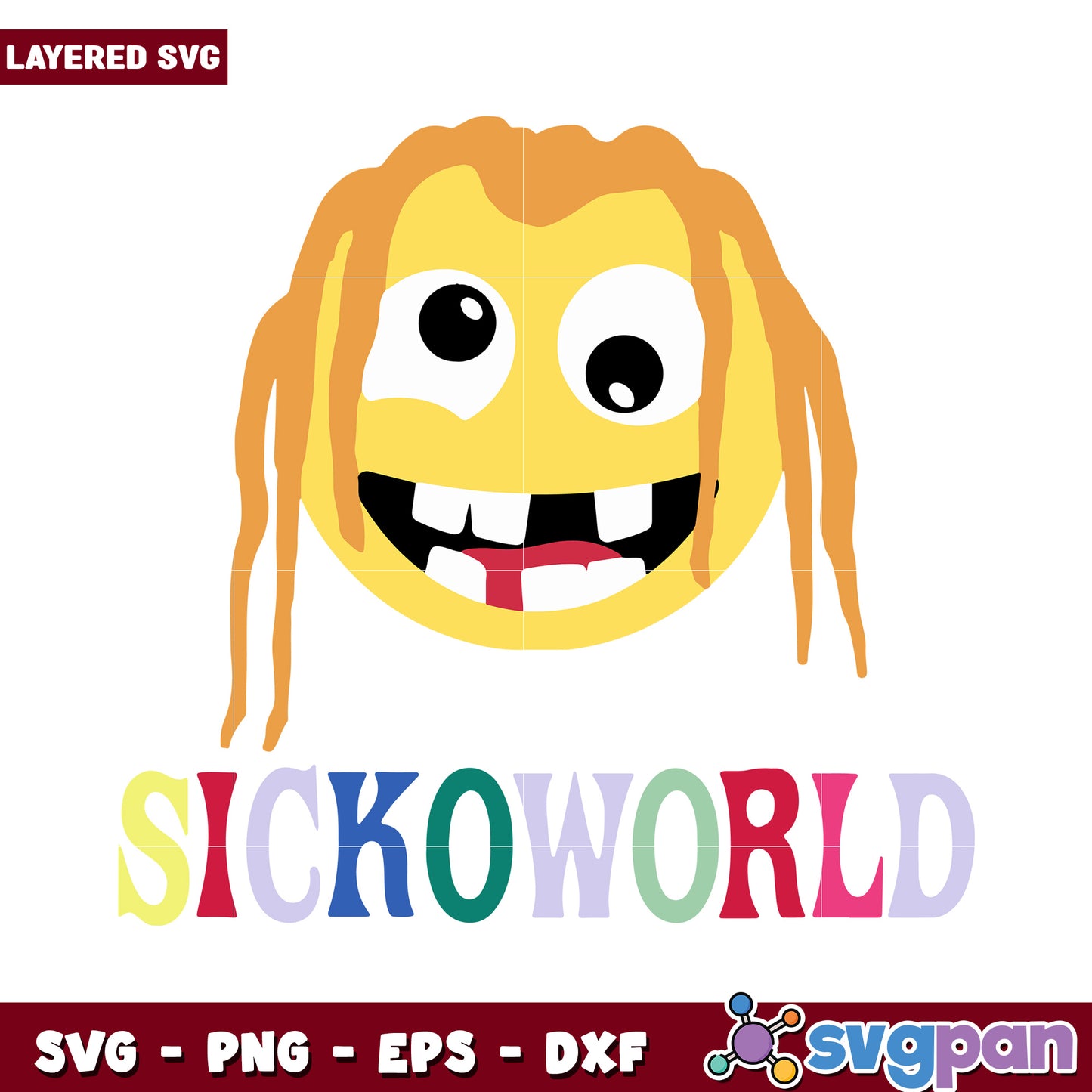 Sickoworld funny cartoon face design, layered SVG for crafts