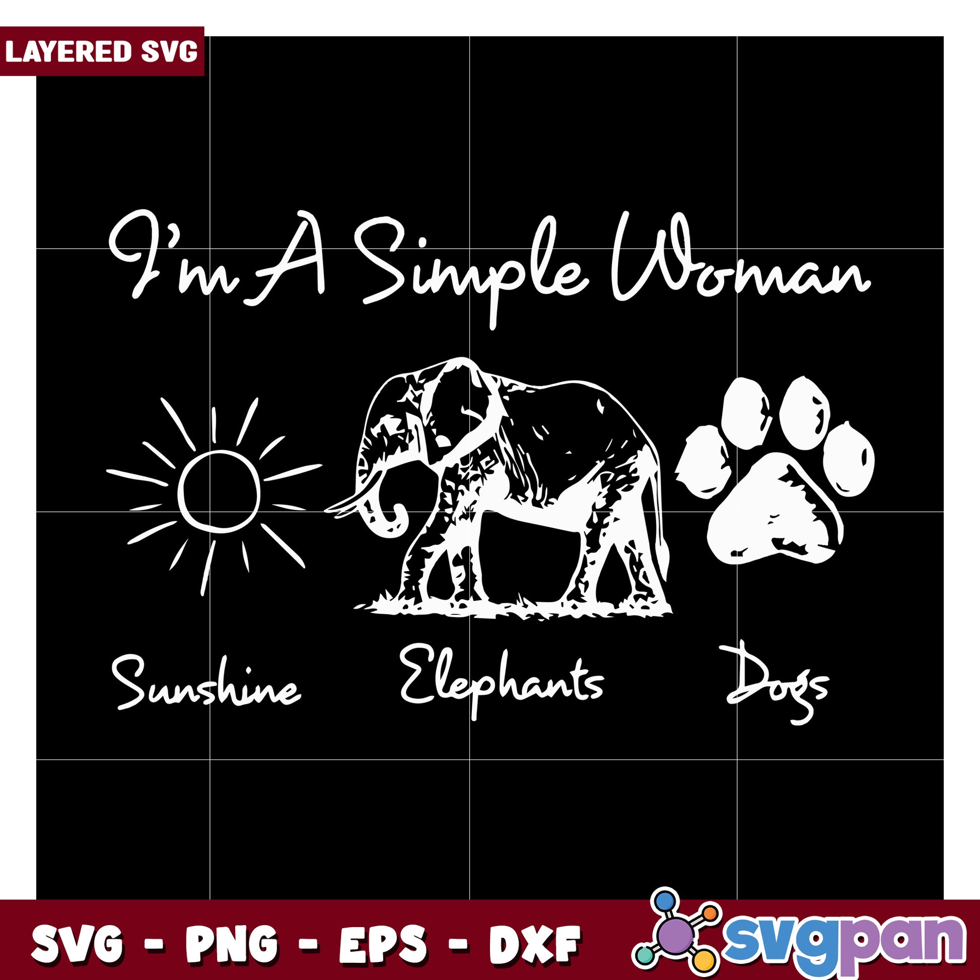 Simple Woman SVG Design, Features Elephants and Dogs Art