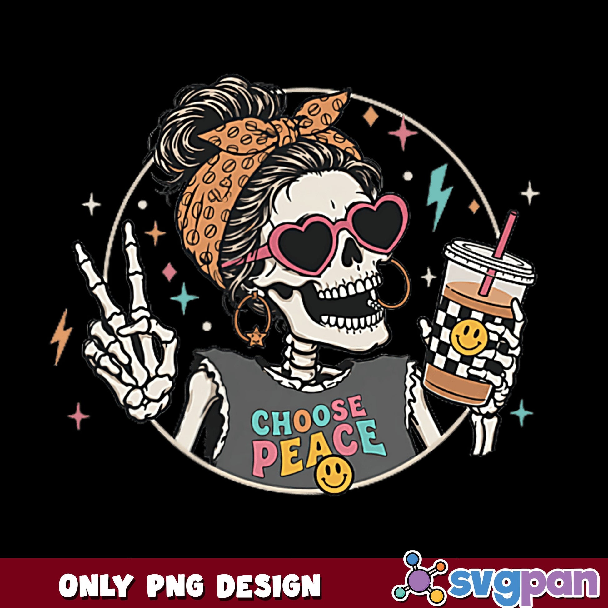 Skeleton Choose Peace PNG, Messy Bun Skull Coffee PNG, Groovy PNG