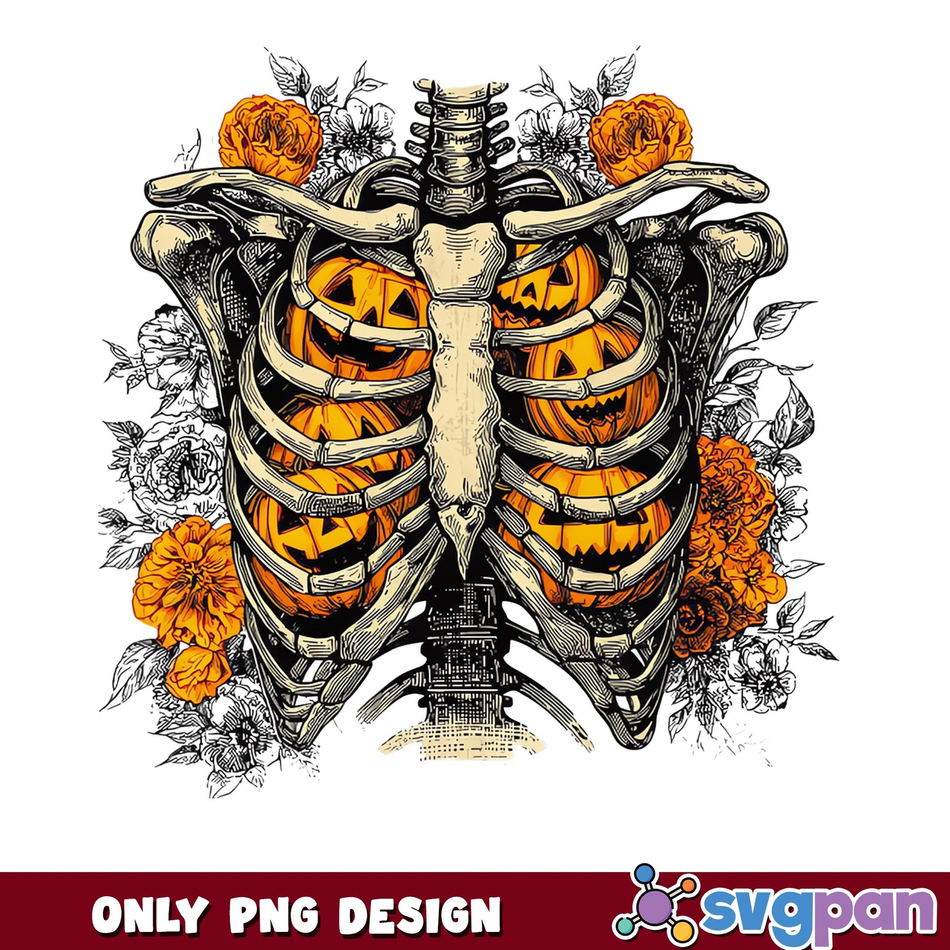 Skeleton Rib Cage Pumpkin Floral PNG, Halloween PNG, Spooky PNG