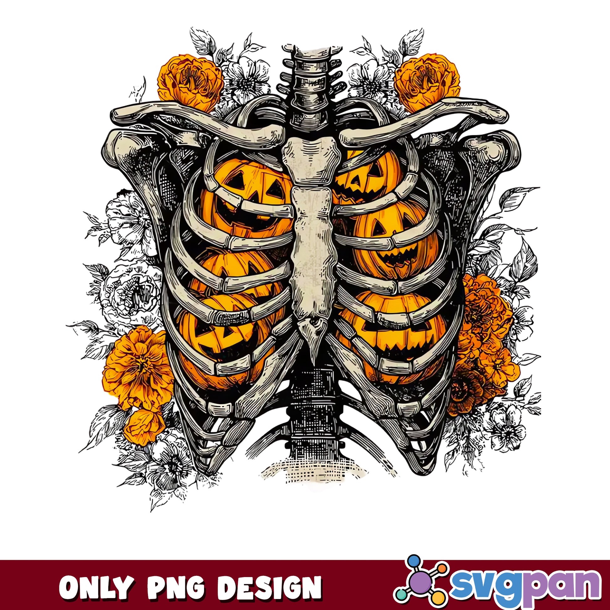 Skeleton Rib Cage Pumpkin PNG, Floral Halloween PNG, Spooky PNG
