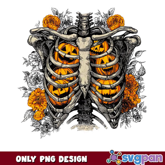 Skeleton Rib Cage Pumpkin PNG, Floral Halloween PNG, Spooky PNG