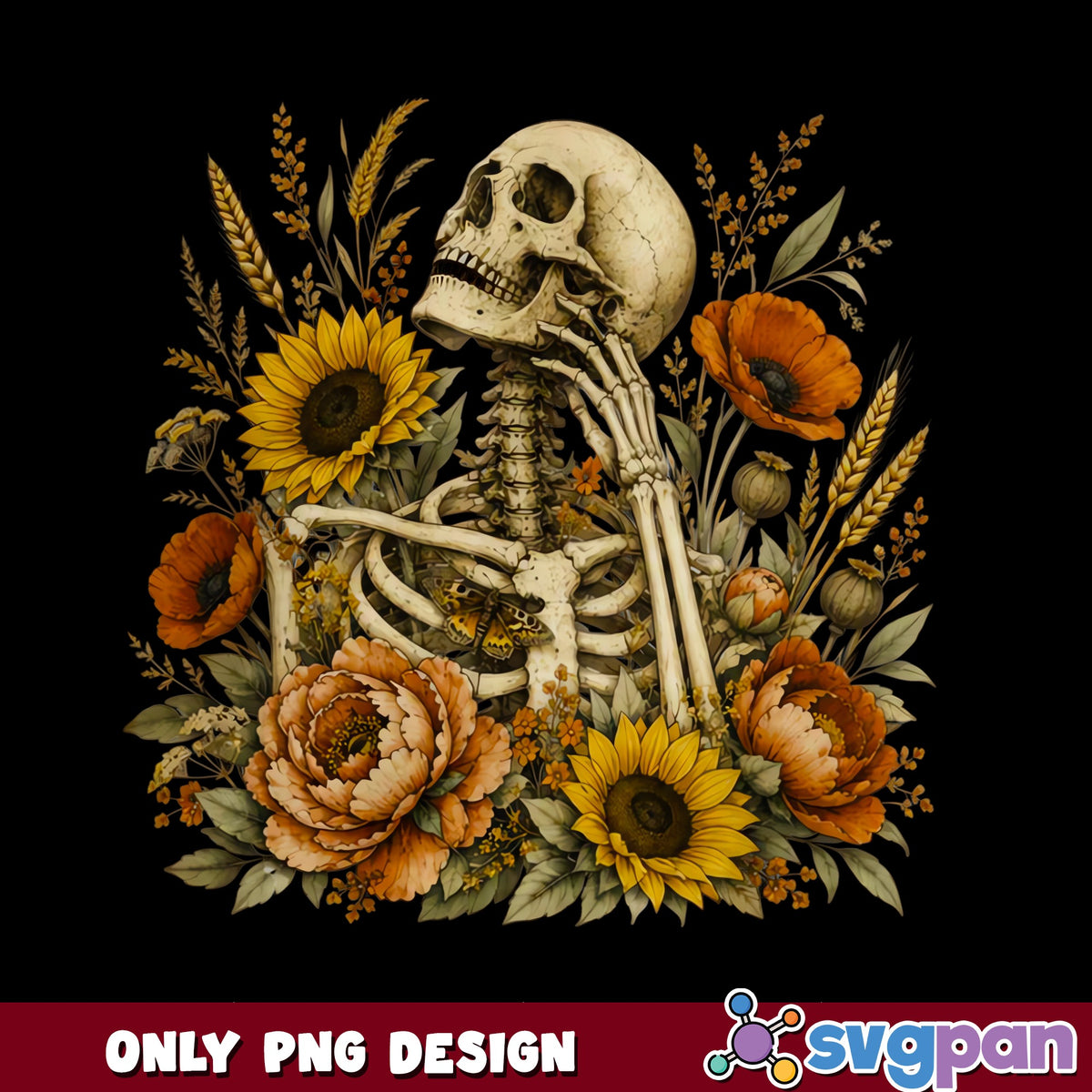 Skeleton With Sunflowers PNG, Vintage Floral Skull PNG, Halloween PNG