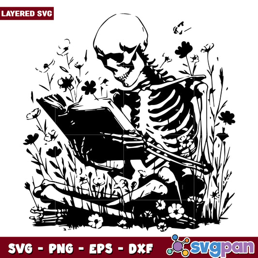 Skeleton reading book illustration svg, skeleton in flowers art svg