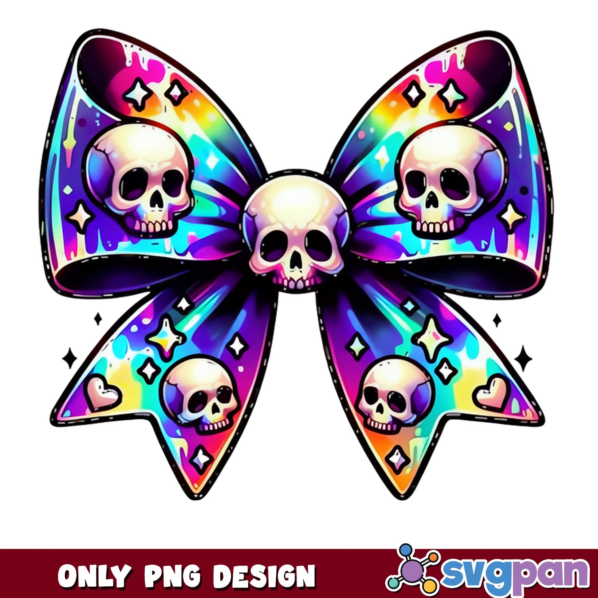 Skull Bow Rainbow Holographic PNG, Coquette Skull PNG, Halloween PNG