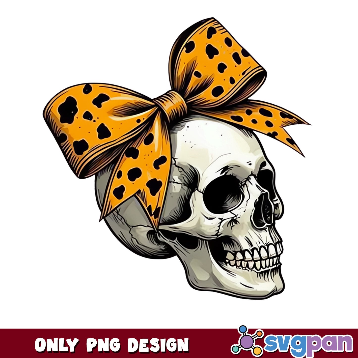 Skull With Leopard Bow PNG, Halloween Skull PNG, Messy Bun PNG