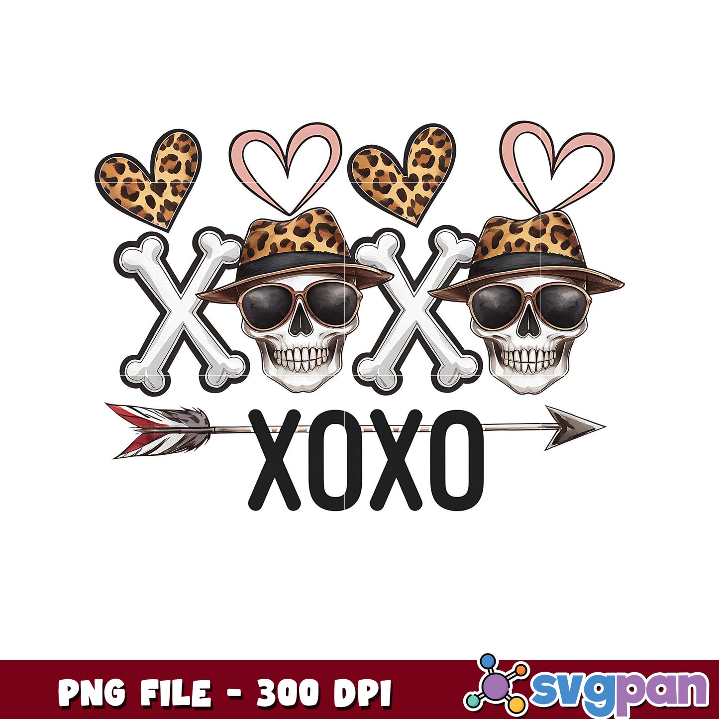 Skull design with hearts and XOXO text, perfect for prints