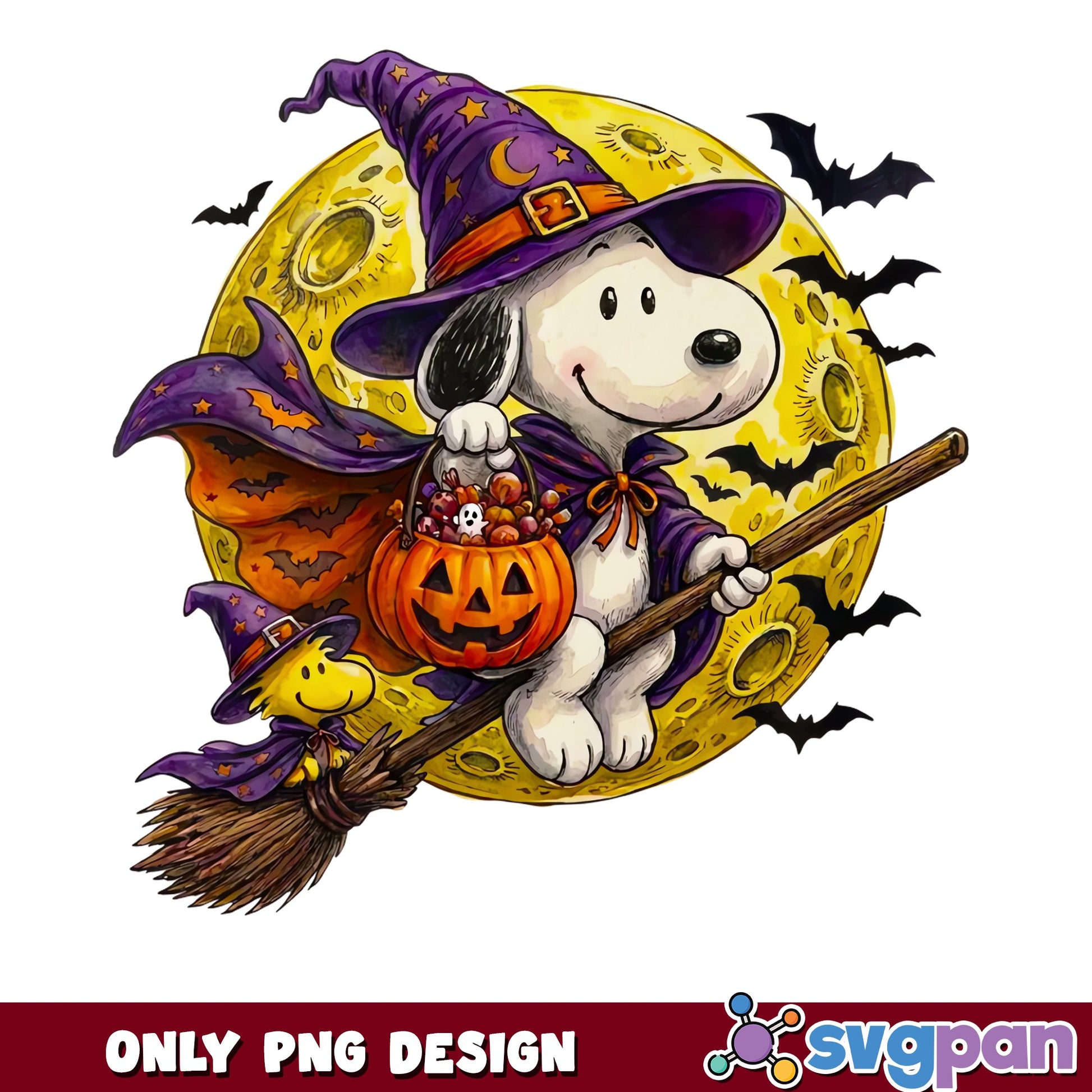 Snoopy Woodstock Witch Broomstick Moon Halloween PNG, Peanuts, PNG