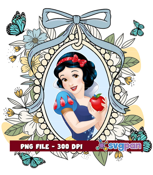 Snow White Vintage Artwork with Flowers and Butterflies PNG