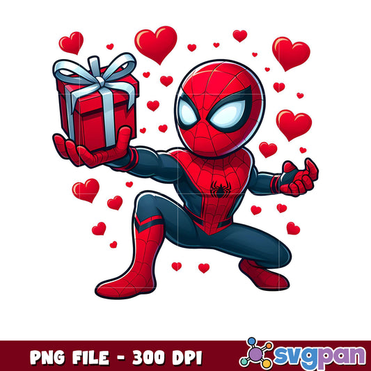 Spider-Man holding gift with hearts, vibrant PNG design