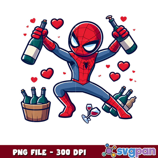 Spider Hero Celebrating with Drinks and Hearts PNG, Fun Cartoon Design for Party Celebrations