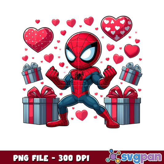 Spider Hero with Gifts and Hearts, Fun PNG File Download
