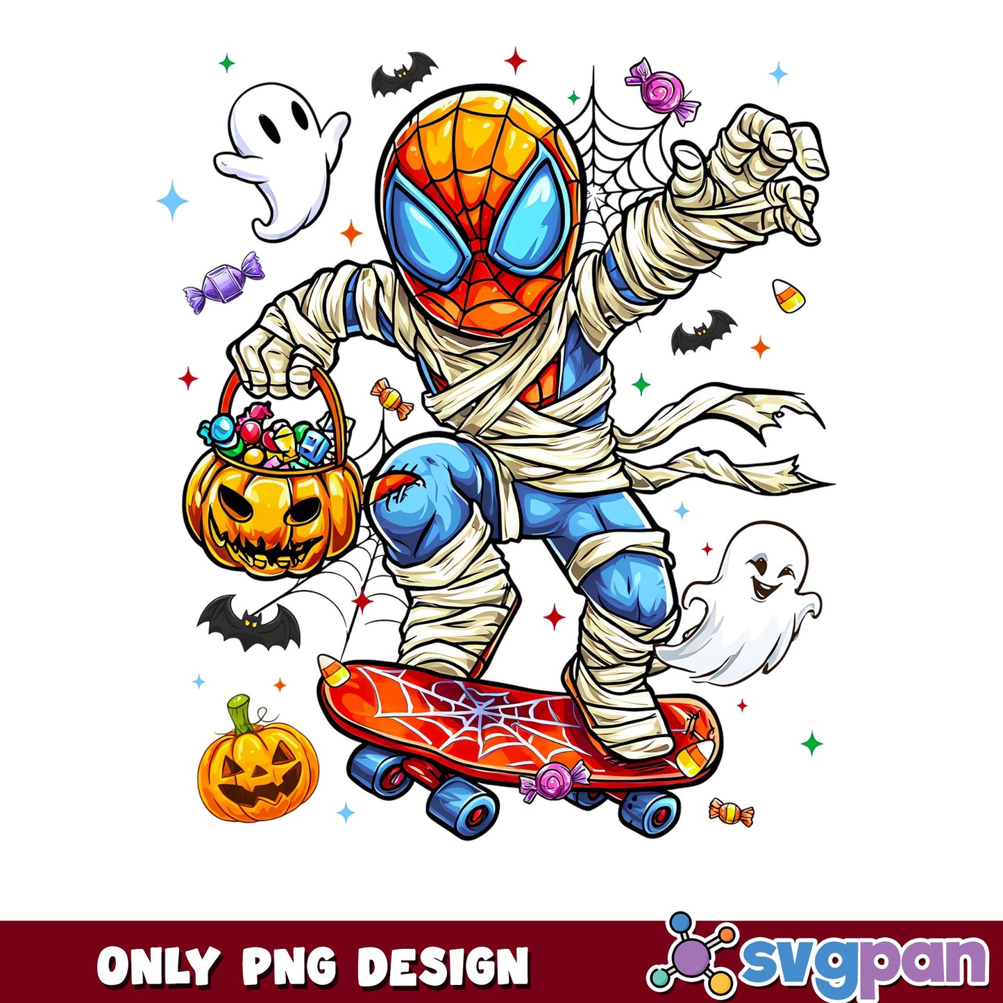 Spiderman Mummy Skateboard Halloween PNG, Ghost Pumpkin Candy, Marvel