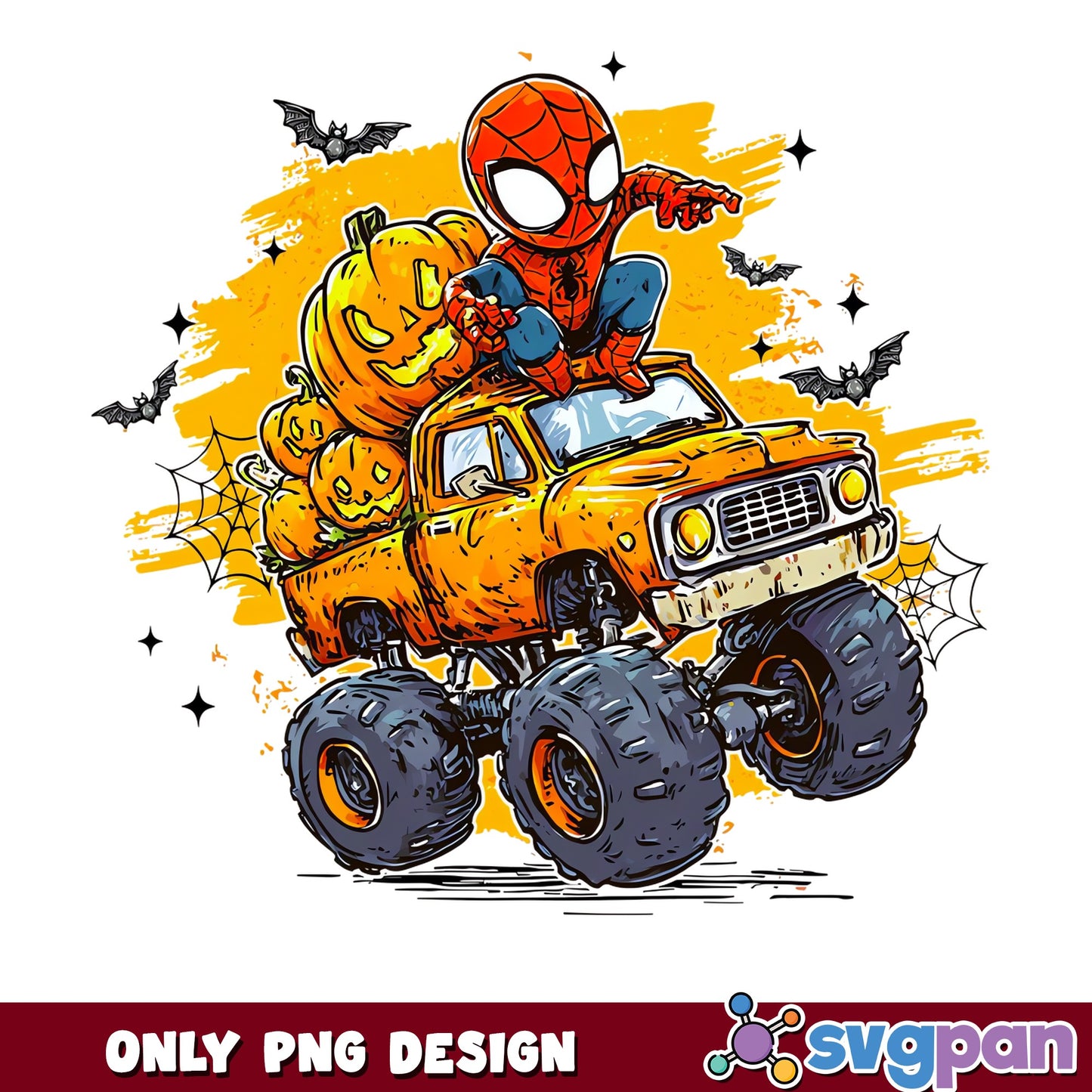 Spiderman Riding Monster Truck Halloween PNG, Pumpkin Bats Marvel, PNG