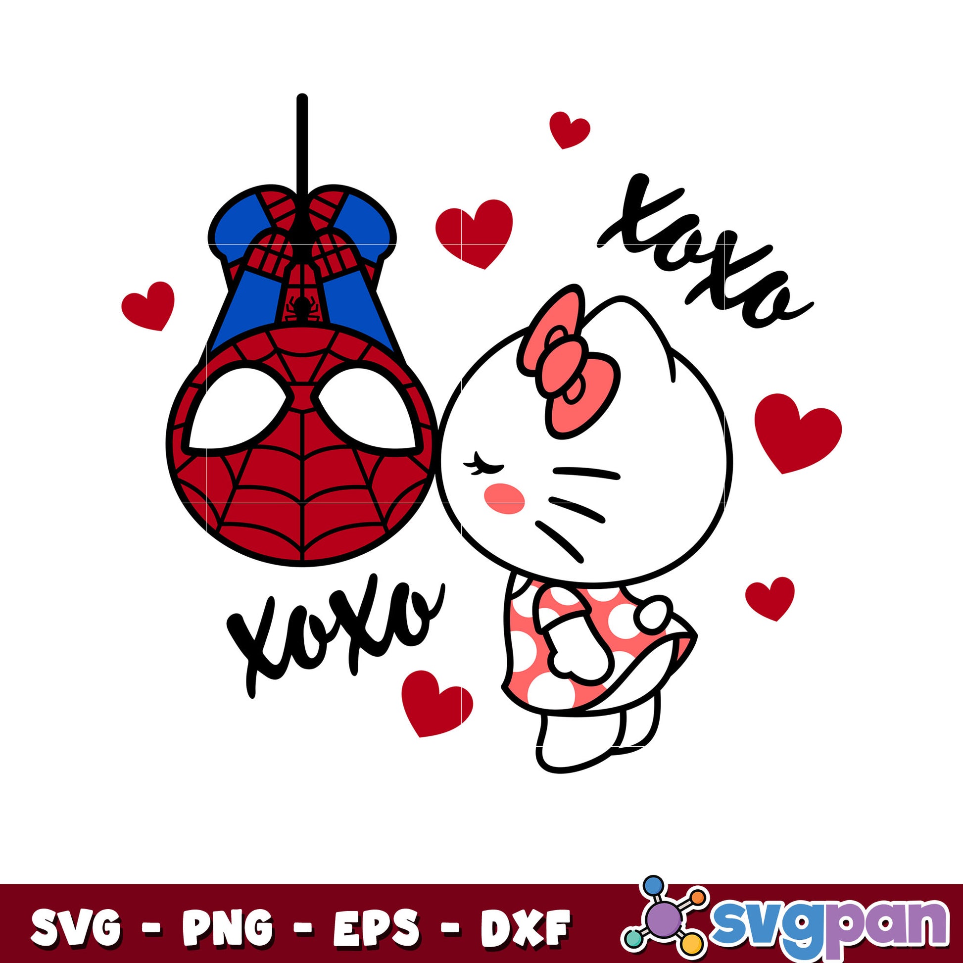 Spider man kissing hello kitty xoxo svg, hello kitty valentines svg