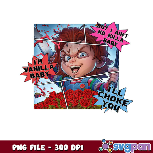 Spooky Character Art PNG, Chucky with Flower Background