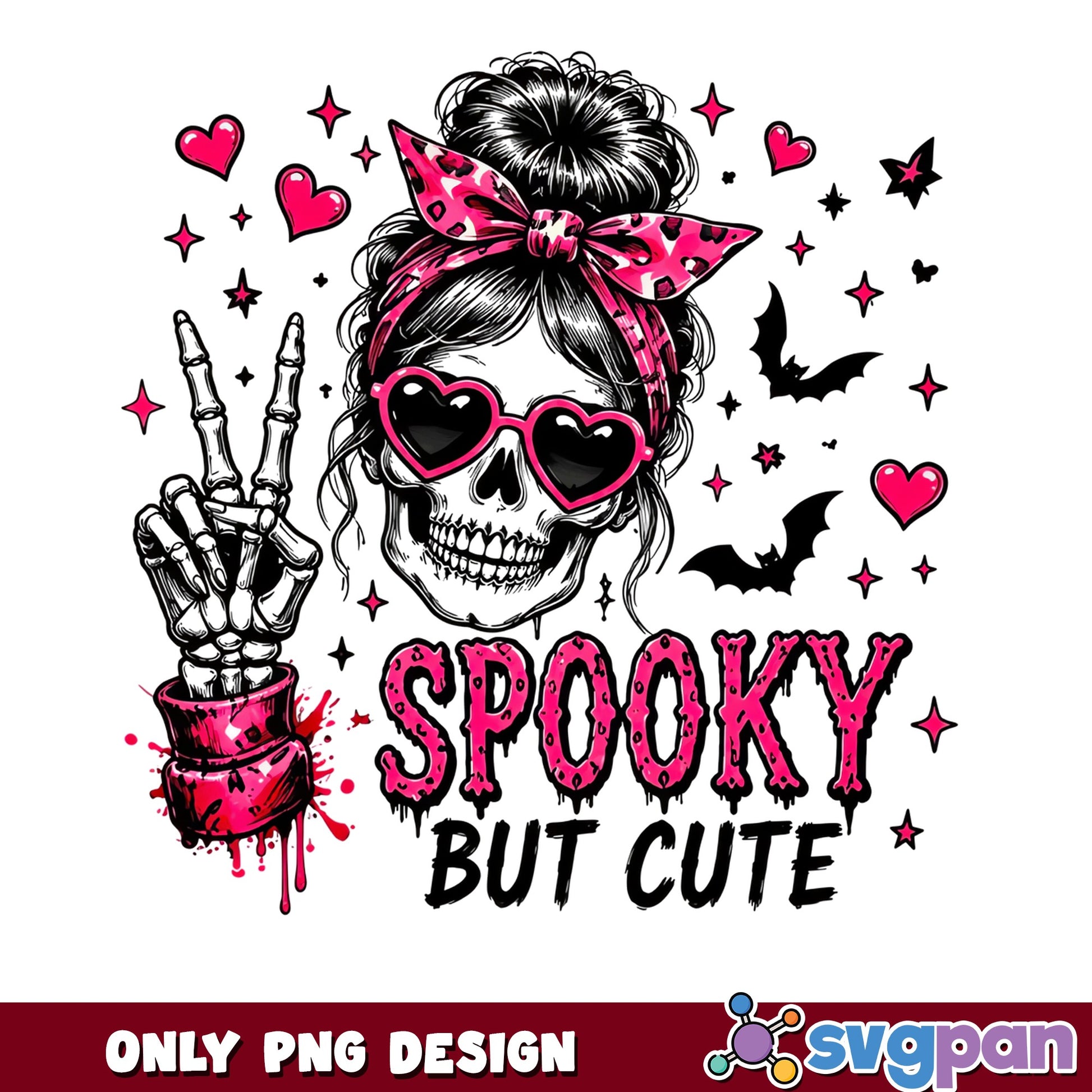 Spooky But Cute Messy Bun Skull PNG, Halloween PNG, Skeleton PNG