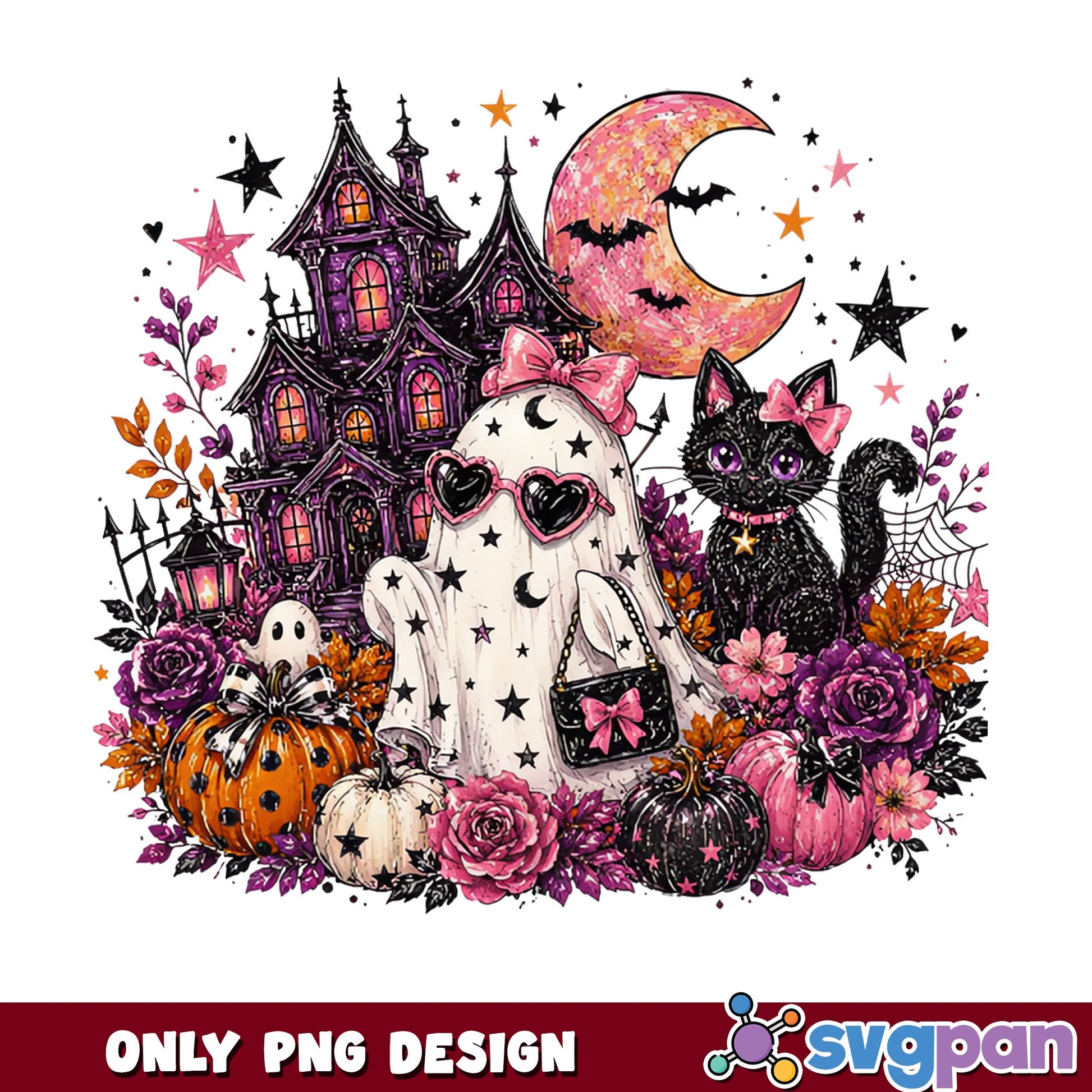 Spooky Ghost And Black Cat Halloween PNG, Haunted House PNG, Halloween PNG