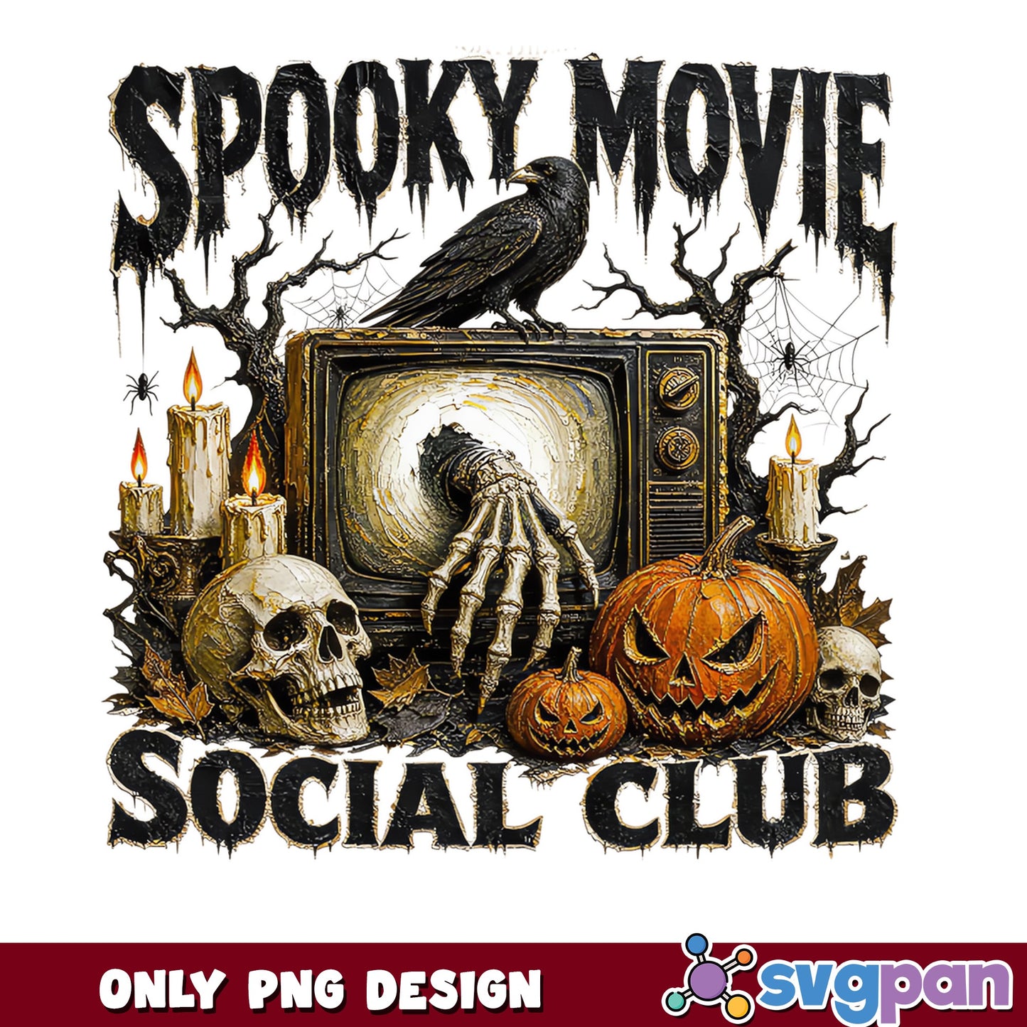 Spooky Movie Social Club PNG, Halloween Horror PNG, Skull Pumpkin PNG