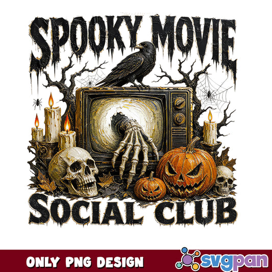 Spooky Movie Social Club PNG, Halloween Horror PNG, Skull Pumpkin PNG