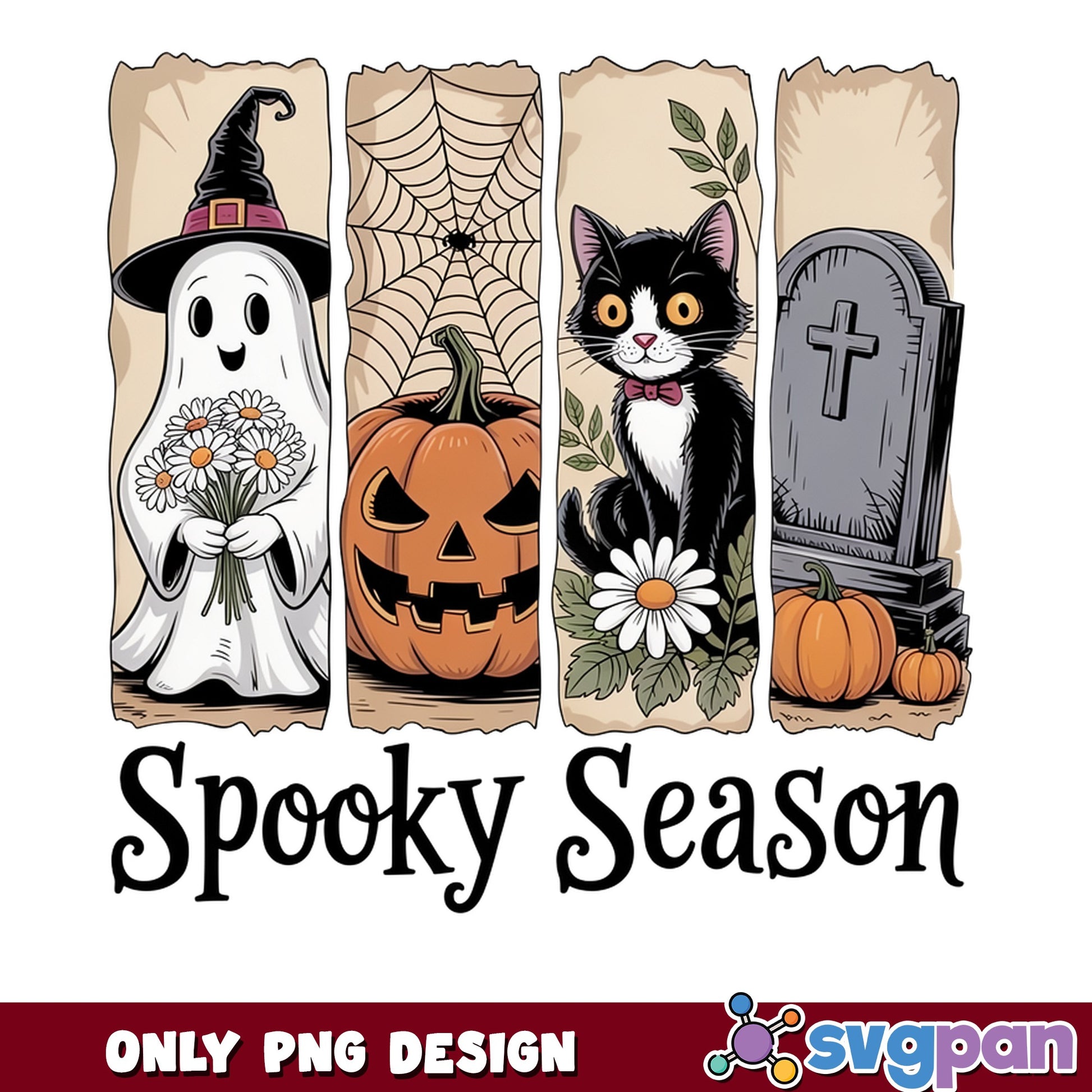 Spooky Season Halloween PNG, Ghost Black Cat Pumpkin PNG, Halloween PNG