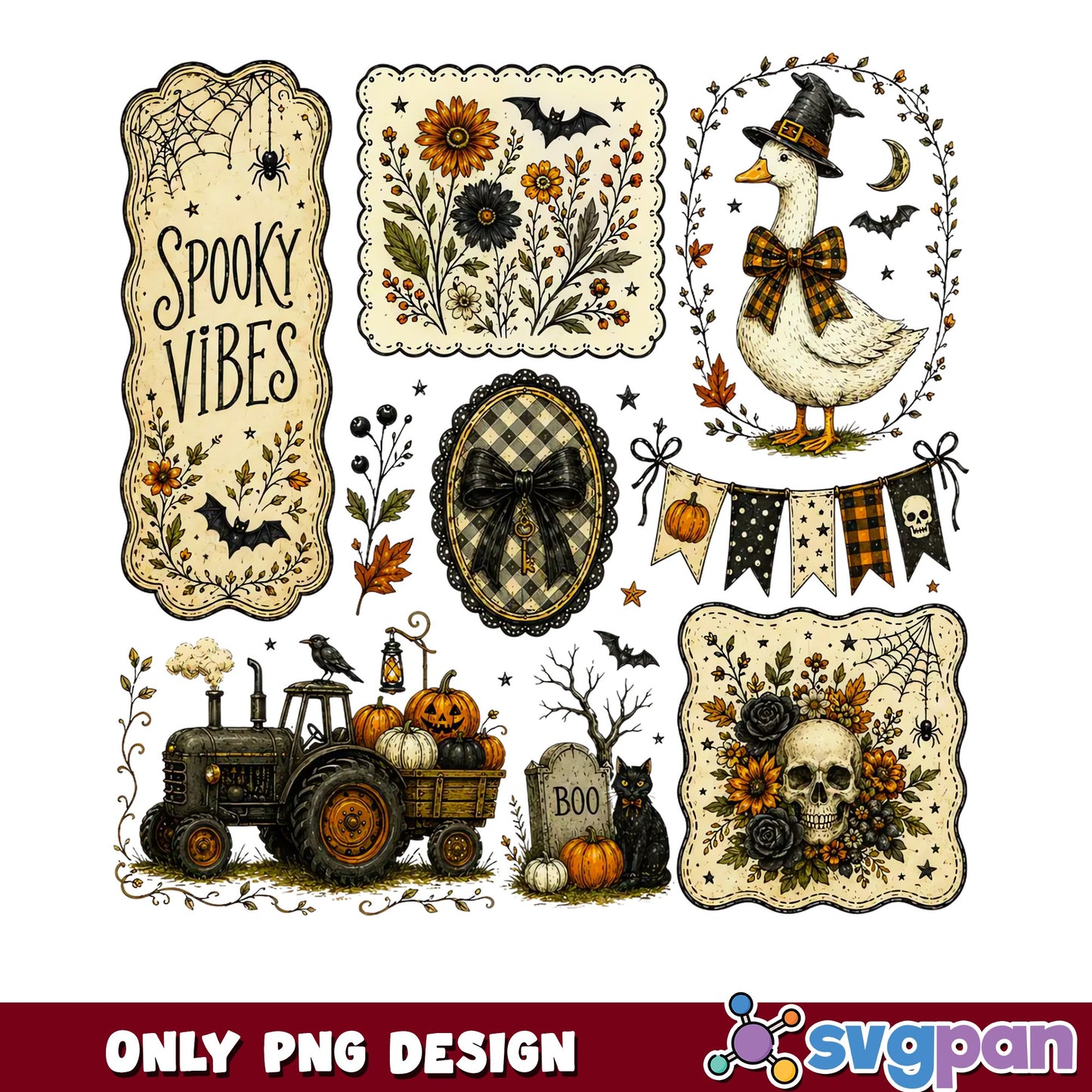 Spooky Vibes Halloween PNG Bundle, Vintage Halloween PNG, Witch Duck PNG