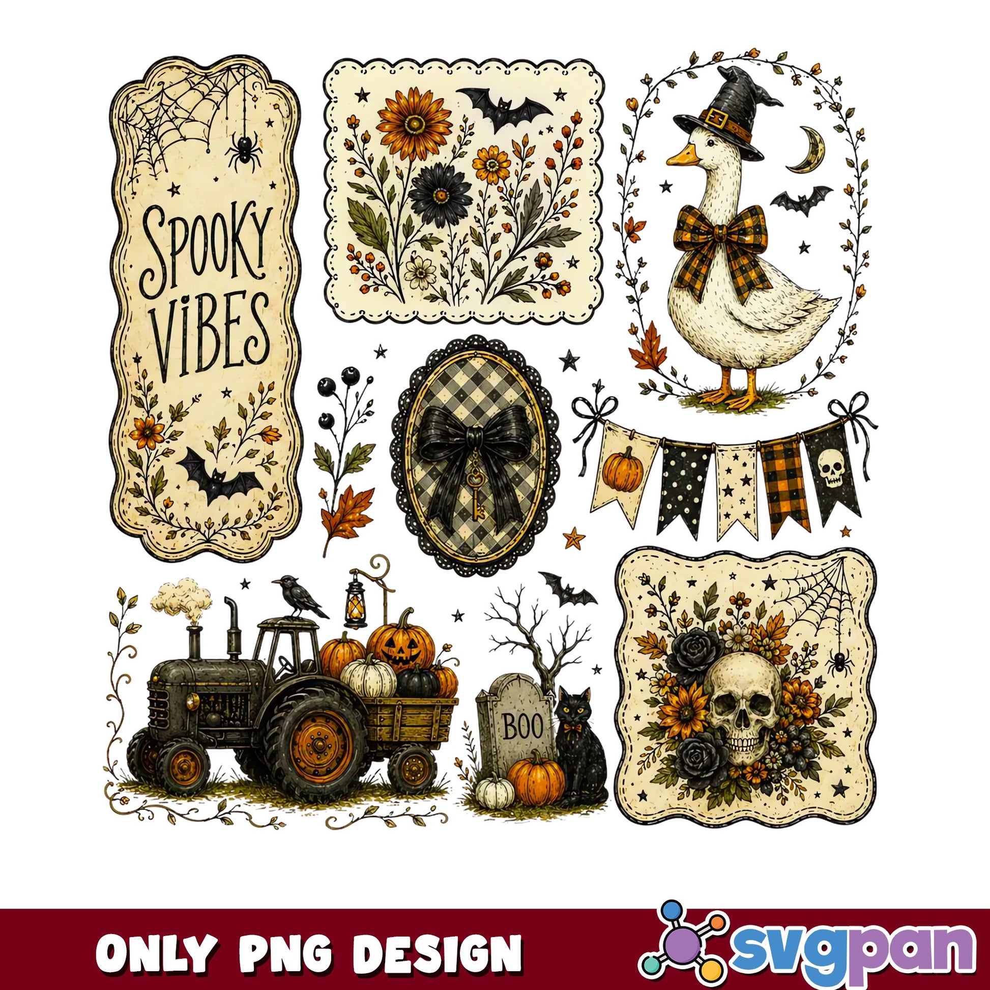 Spooky Vibes Halloween PNG Bundle, Vintage Halloween PNG, Witch Duck PNG