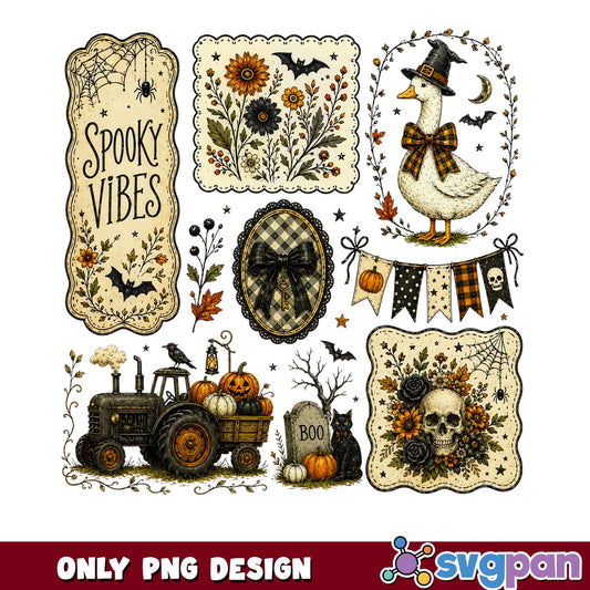 Spooky Vibes Halloween PNG Bundle, Vintage Halloween PNG, Witch Duck PNG