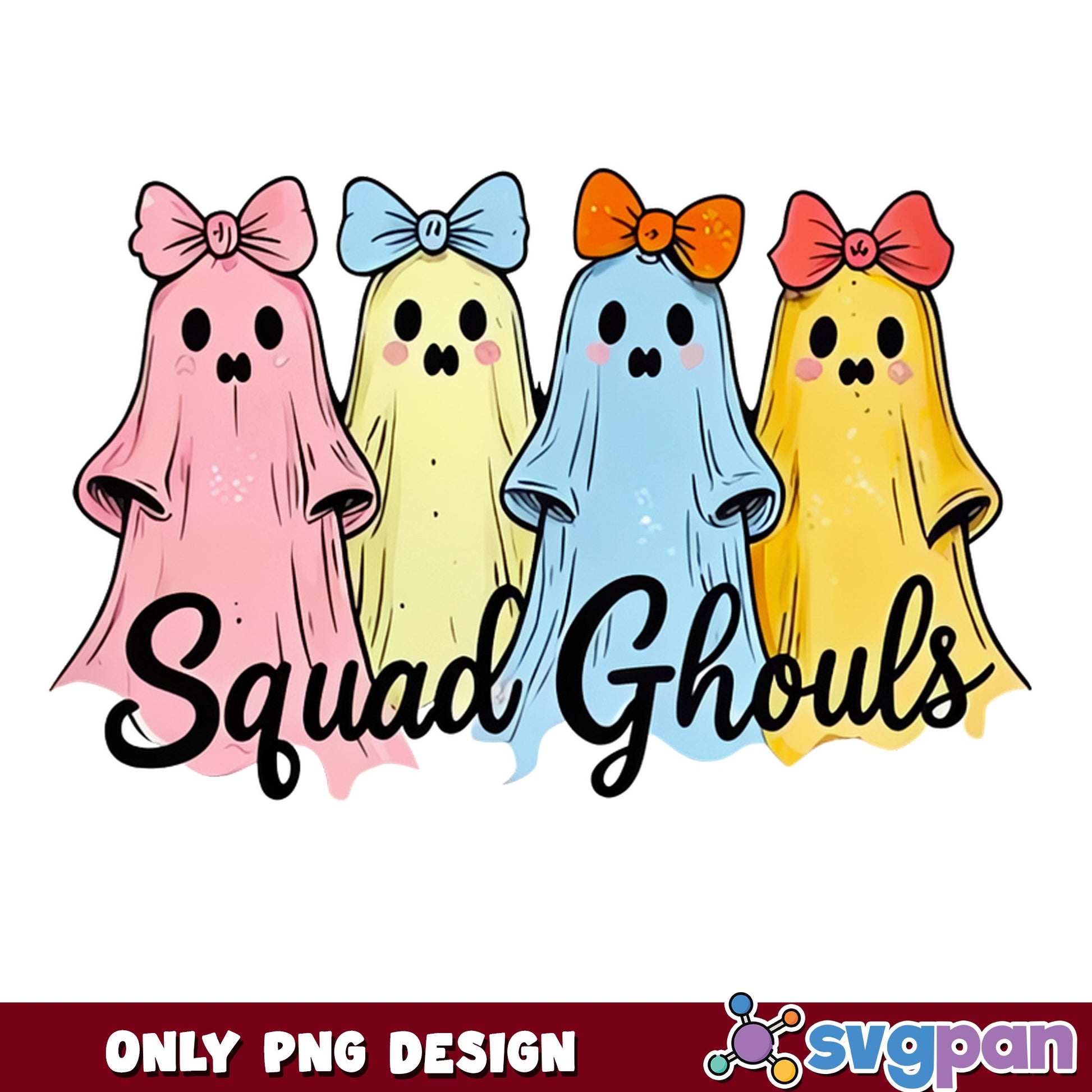 Squad Ghouls Halloween PNG, Cute Ghost With Bow PNG, Halloween PNG