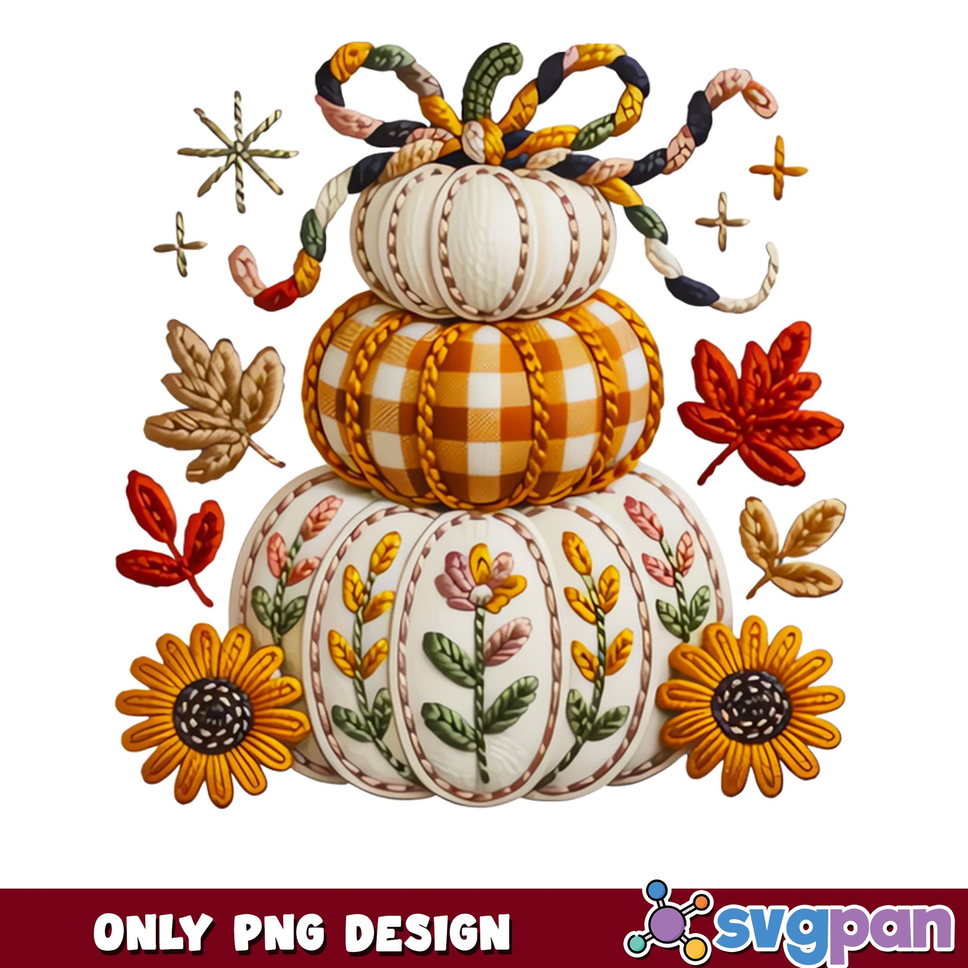 Stacked Pumpkins Embroidery Fall PNG, Autumn Sunflower PNG, Thanksgiving PNG