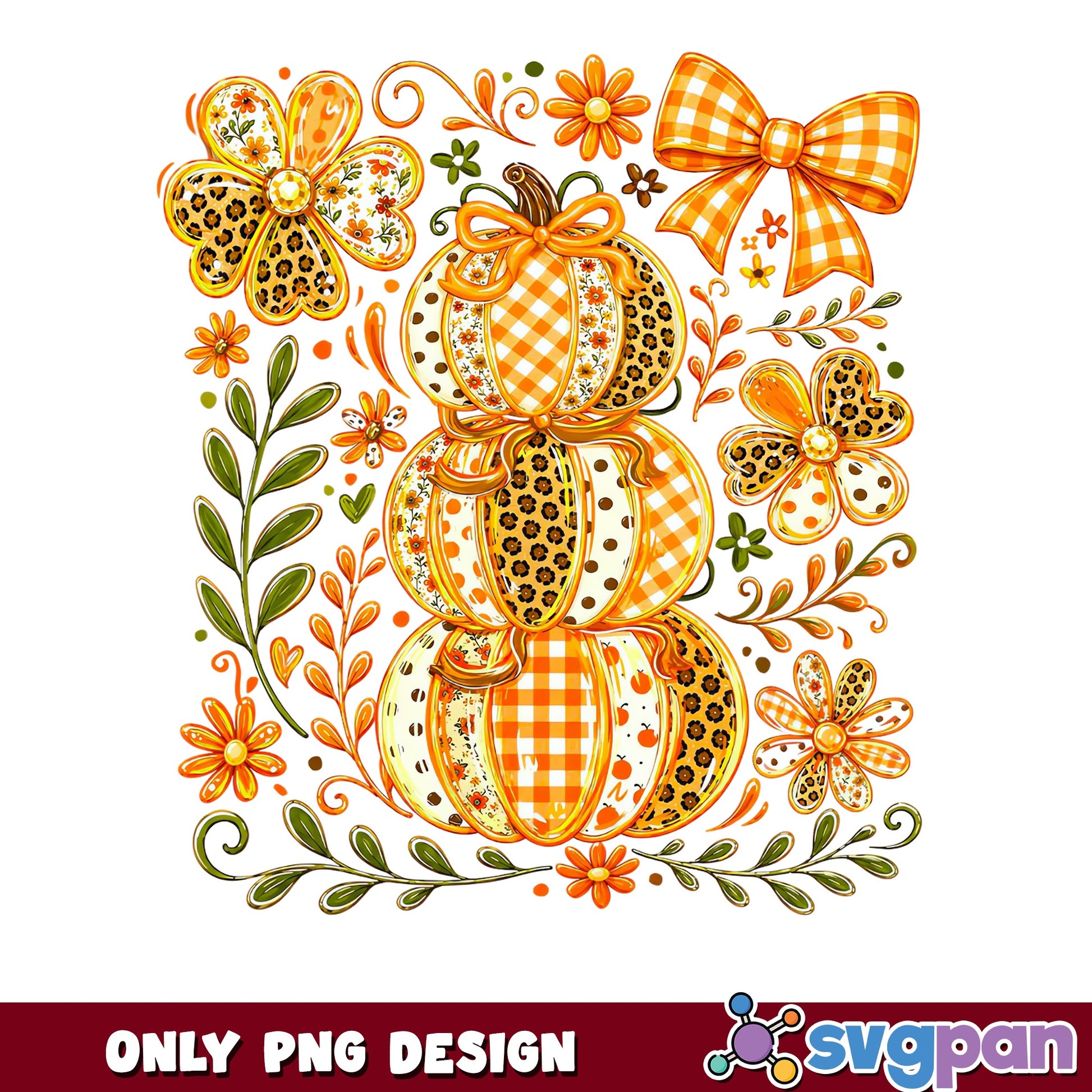 Stacked Pumpkins Floral Fall PNG, Leopard Plaid Pumpkin PNG, Halloween PNG