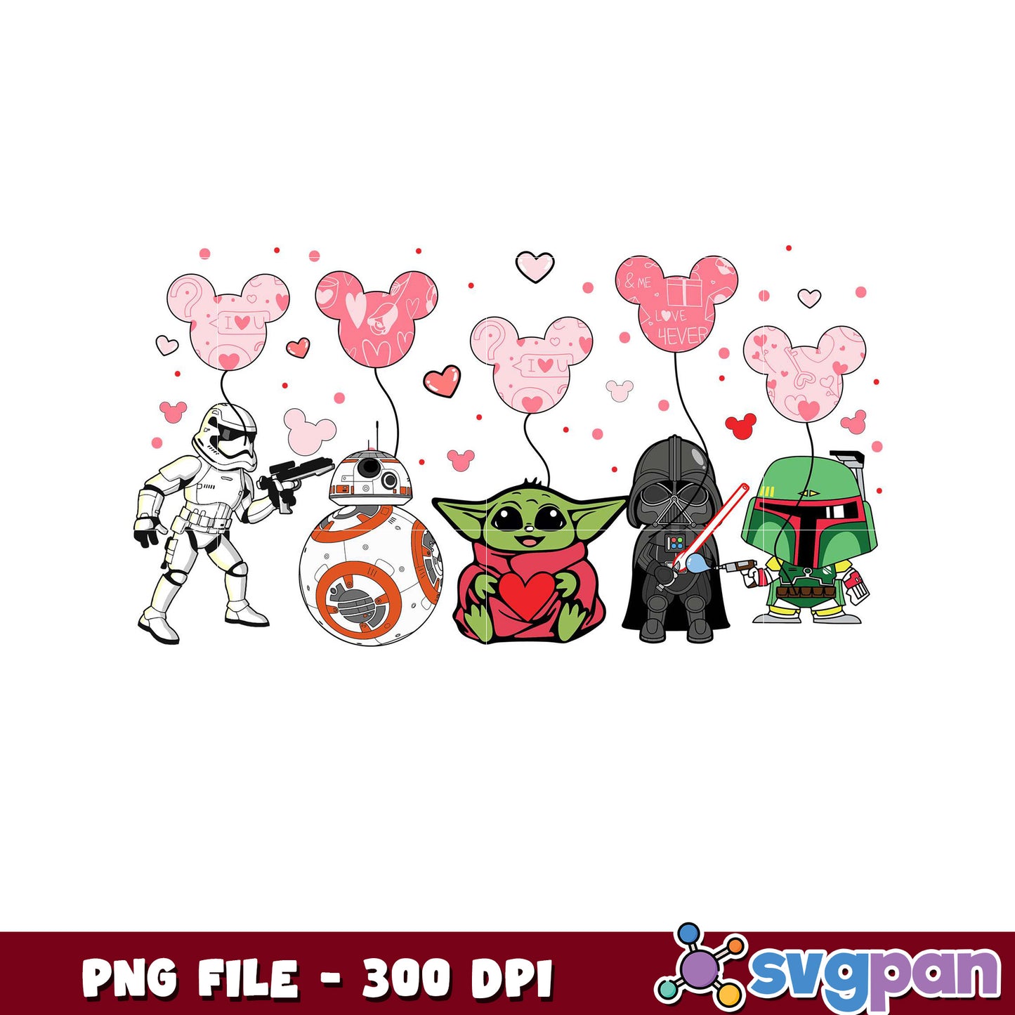 Star Wars characters with heart balloons, cute and fun design