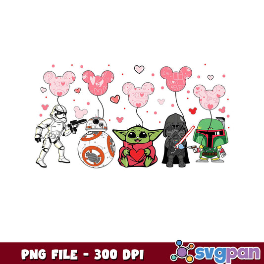 Star Wars characters with heart balloons, cute and fun design
